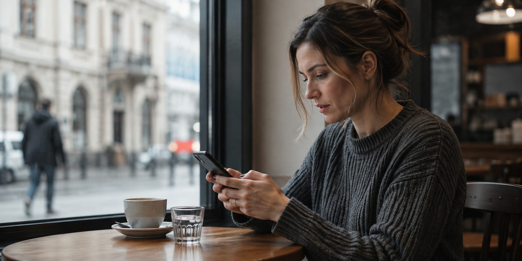 A customer in a café texting a question to a local business