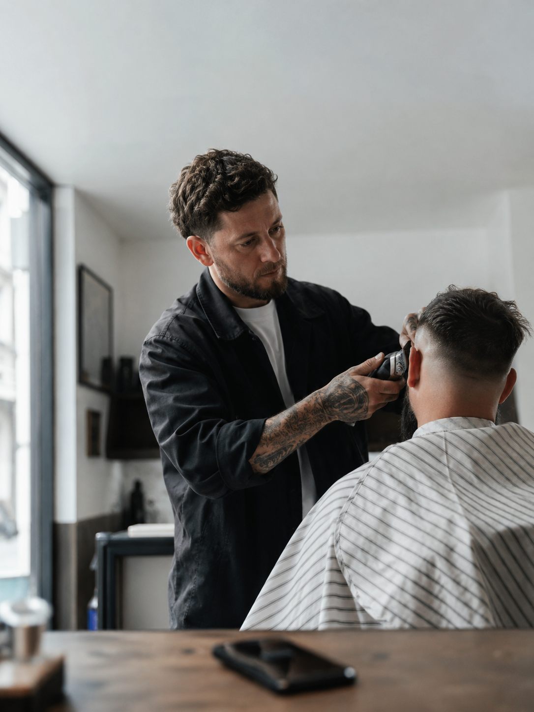 A barber mid-cut, hands full, while the shop phone rings